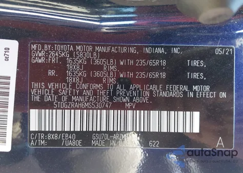 2021 Toyota Highlander Xle from USA, damaged, VIN 5TDGZRAH6MS530747